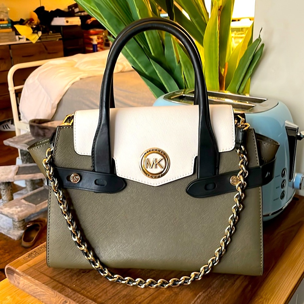 Michael Kors “Carmen” Color Block Saffiano Leather Belted Satchel, Olive